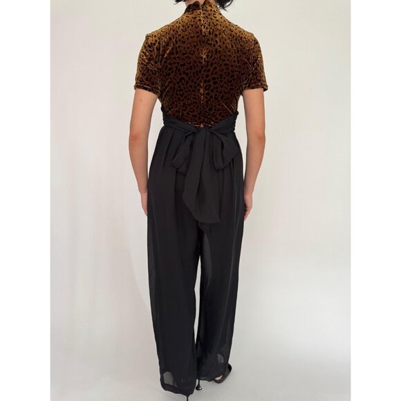 90s vintage animal leopard print funky fuzzy velvet sheer pant jumpsuit pantsuit - Picture 5 of 10